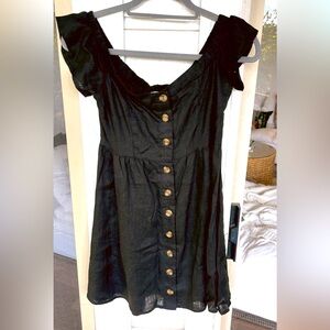 Black button down off shoulder mini dress